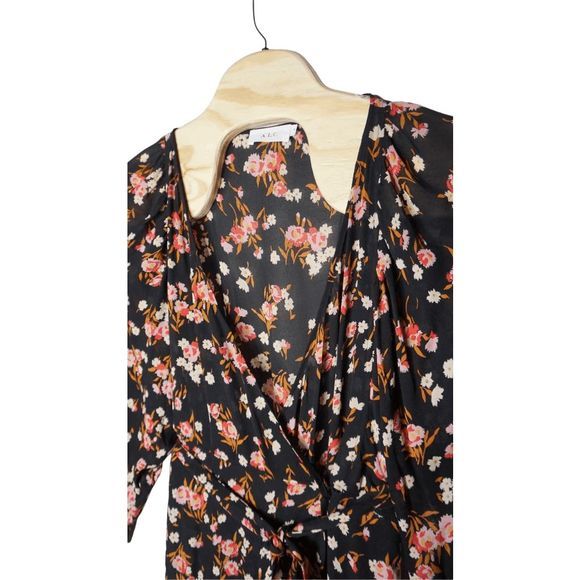 A.L.C. Carlo Silk‎ Wrap V Neck Floral Print Long Sleeve Mini Dress Size 14 Black - Picture 8 of 10